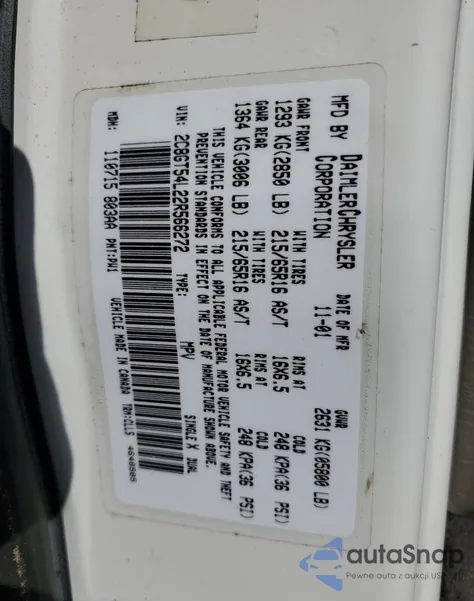 2002 Chrysler Town & Country Lxi из США, поврежденный, VIN 2C8GT54L22R566272